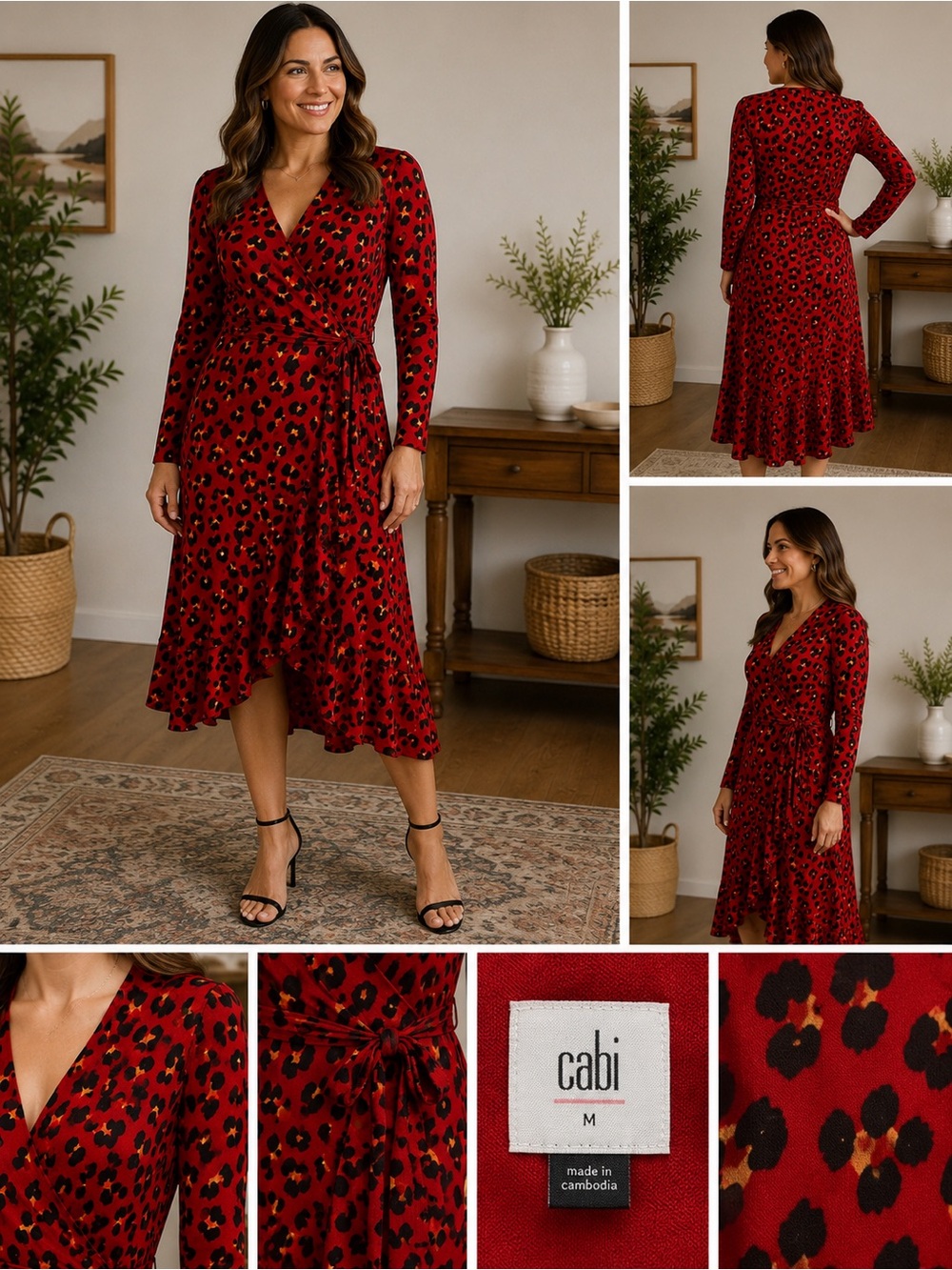 CAbi Red Leopard Wrap Dress with High-Low Hem